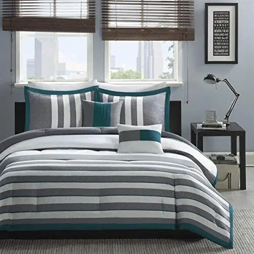 OSD 5pc Boys White Dark Teal Green Stripes Comforter Full Queen Set, Horizontal Grey Striped Bedding Rugby Stripe Gray Pattern Nautical Themed Modern Stylish Lightweight, Polyester