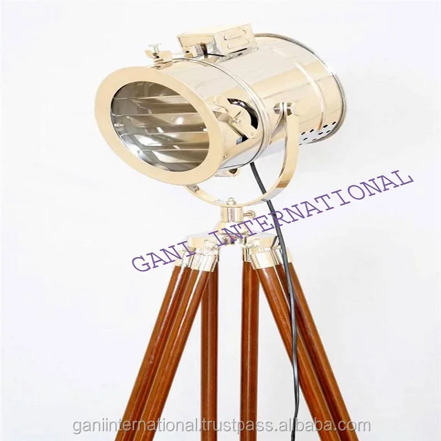 Nautical Spot Search Light Floor Lamp With Wooden Tripod Stand Home Decor Wooden Handicraft Item