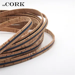 Portuguese Cork 10mm flat rustic natural cork with blue cord 10mm leather jewelry finding, craft supply Cor-204