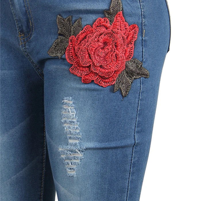 Rhinestone Studded Flower Embroidered Jeans