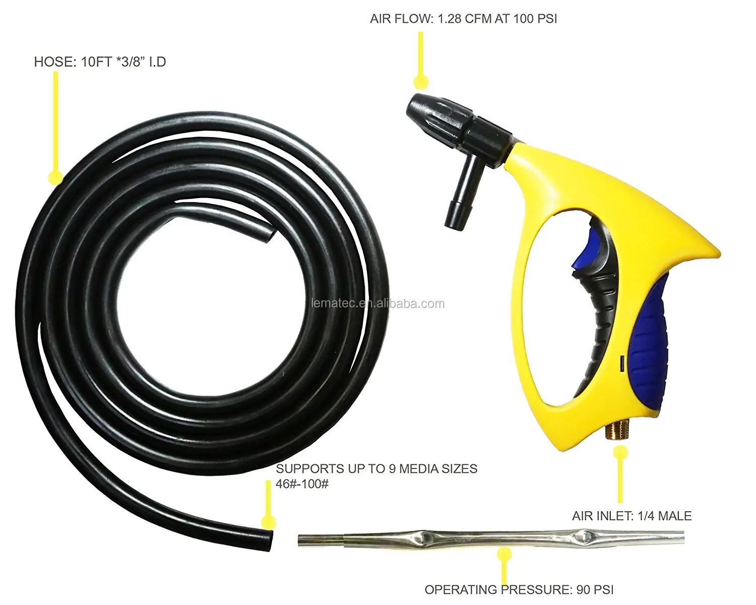 LEMATEC Siphon Feed Sand Blaster Nozzle Gun Sandblaster Portable Soda Sandblasting Gun With Hose