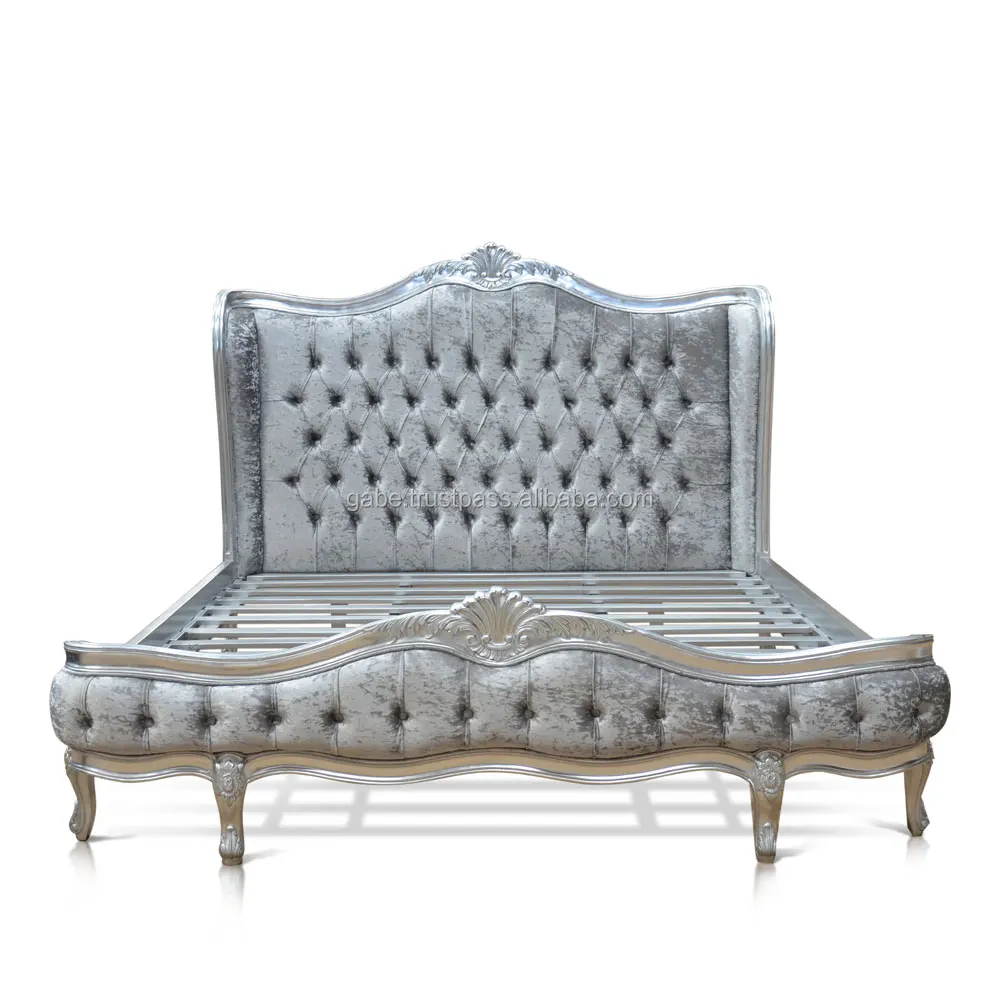 France Antique Crushed Velvet Silver Bed,Indonesian Wooden Beds,Wooden