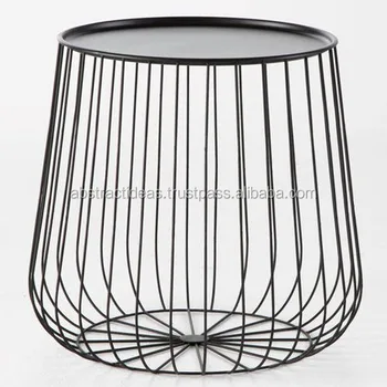 Iron Wire Side Coffee End Table Round Black Gold Metal Top