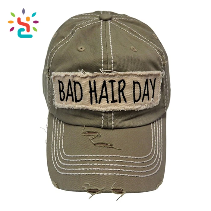 Embroidered White Bad Hair Day Frayed Patch Washed Vintage Baseball Cap