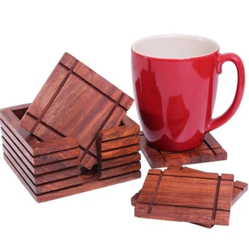 Rustic Wooden Square Bar Coasters For Drinks With Holder Hand Carved Rustic Wooden Square Bar Coasters For Drinks With Holder Hand Carved Barware Dining Accessory
