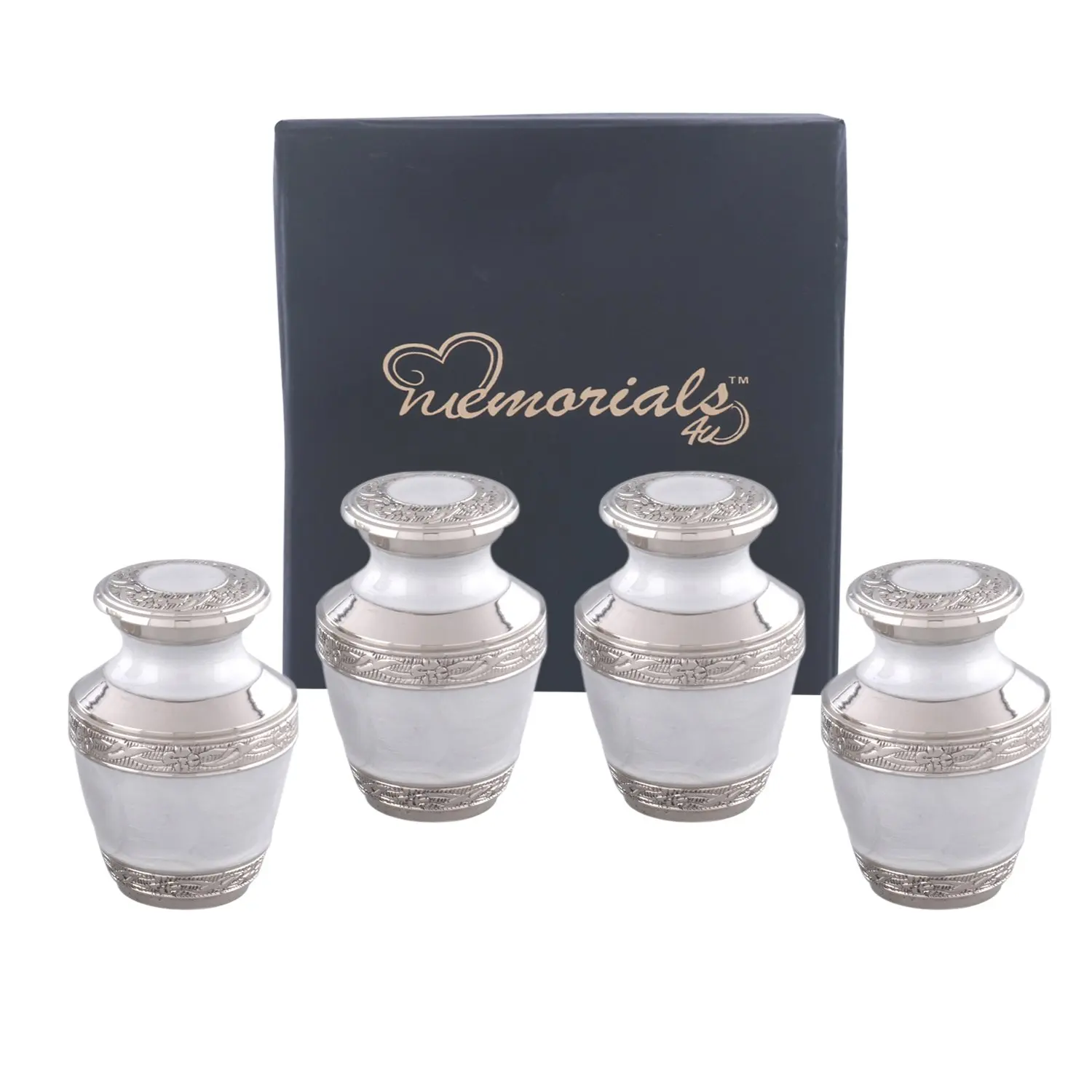 Elegant Pearl White /& Silver Cremation Urn Set of 4 Keepsake Solid Brass Everlasting Love Cremation Urn Premium Quality Silver Pearl White Cremation Urn for Human Ashes with Velvet Bag or Box