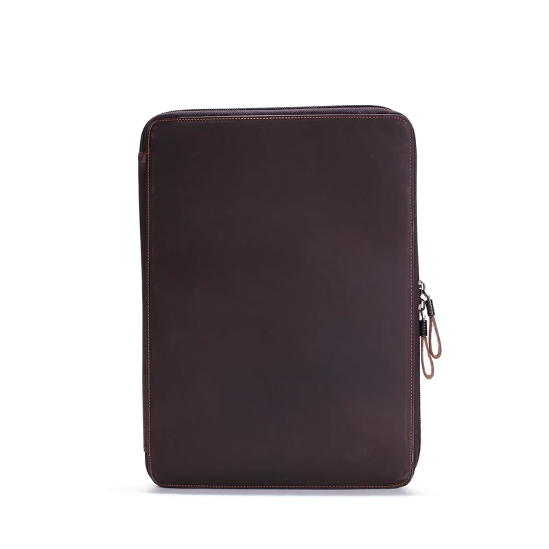 Fits A4 file documents travel vintage leather briefcase business men zipper organizer leather portfolio file folder 