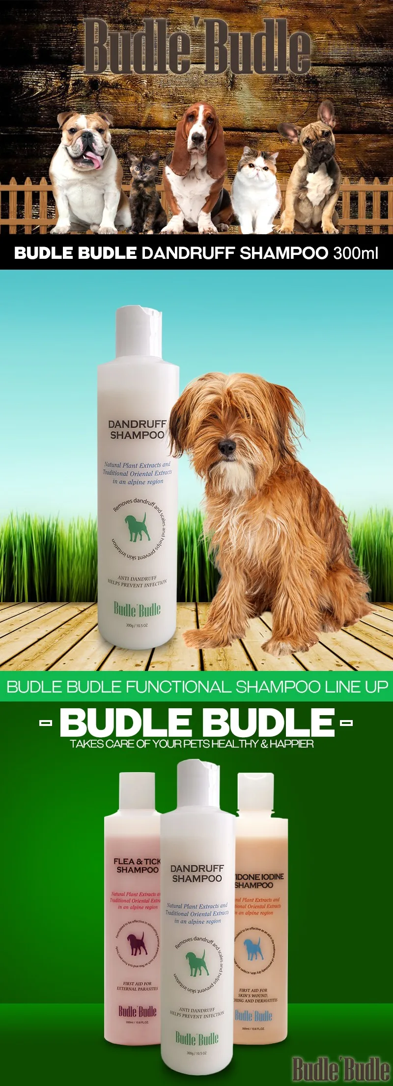 Budle Budle Dog Dandruff Shampoo 300ml 10.58oz For All Pets With Aloe