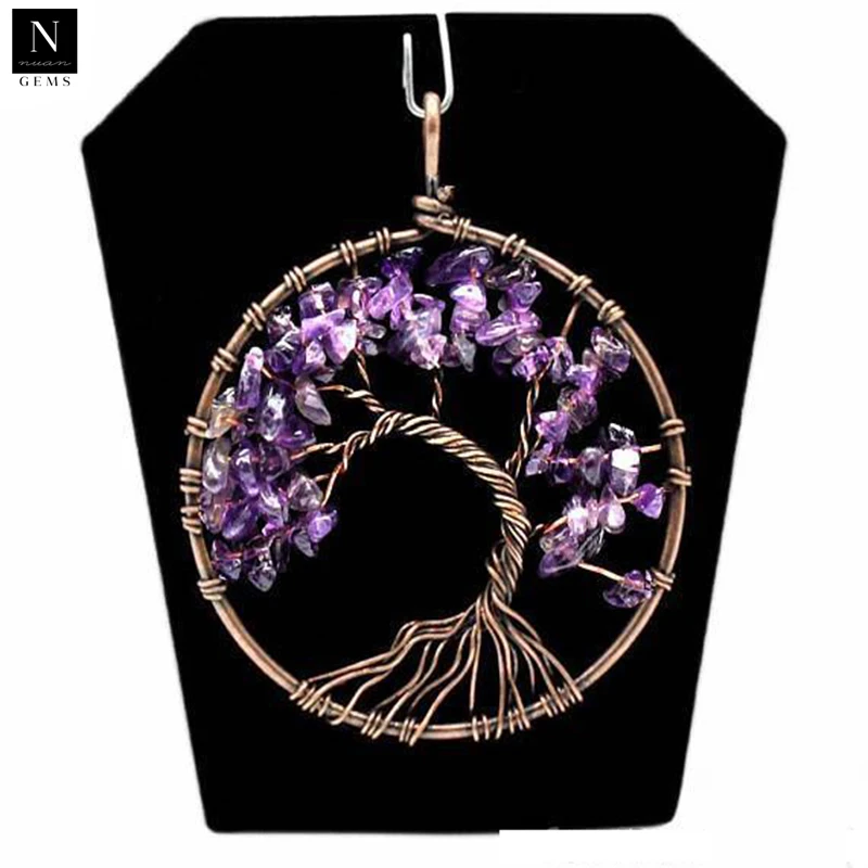 Tree of life necklace pendants multi color gemstones copper wire wrapped diy charms jewelry making supplies