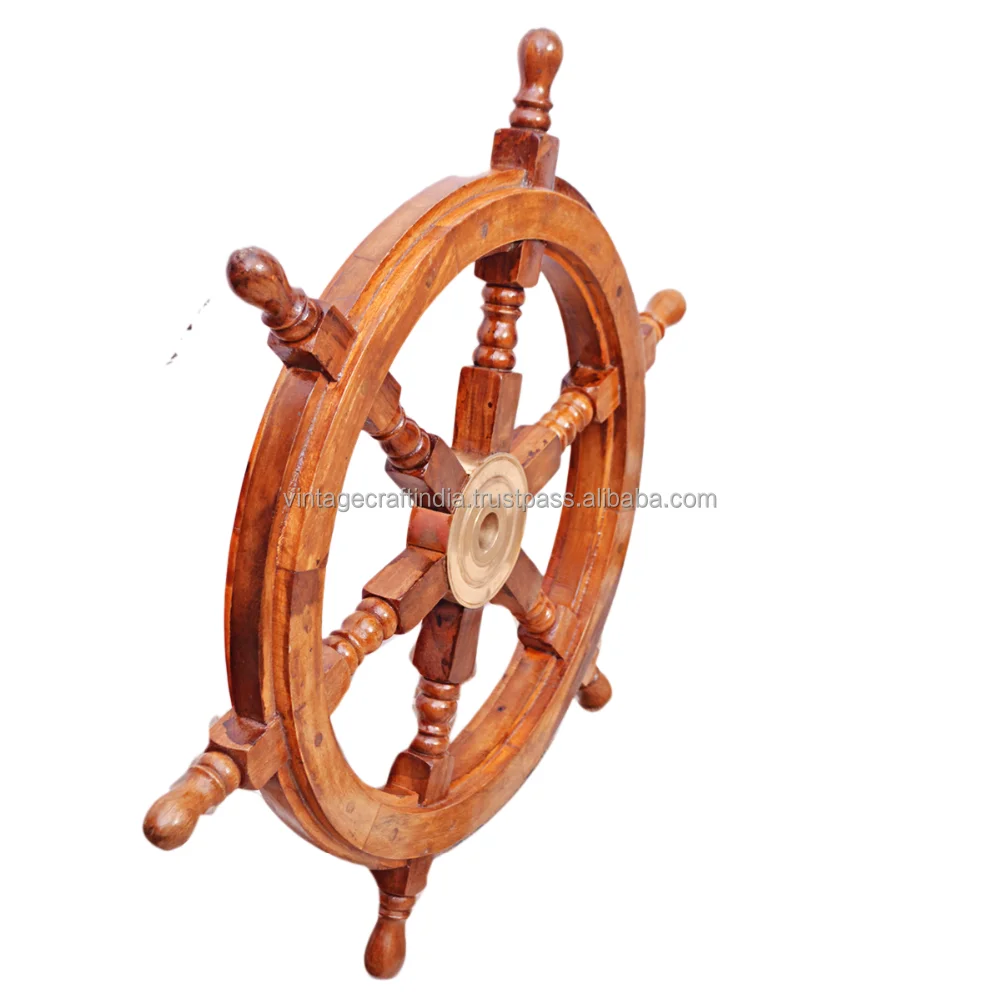 33 x 33cm Nautical Wooden Ships Wheel Mirror Decorative Seaside Home Chic Decor