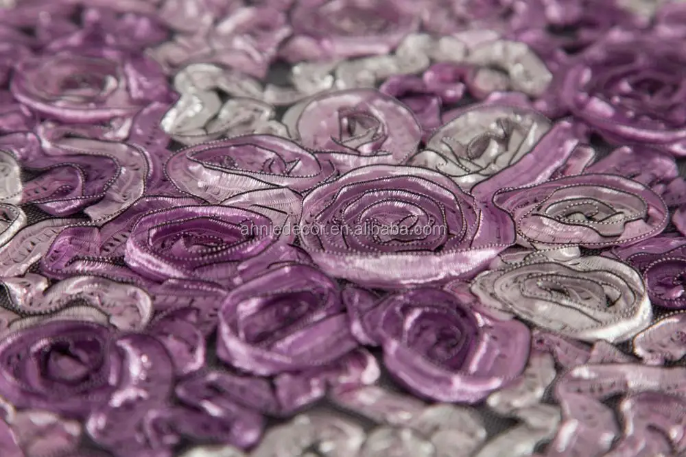 Wholesale purple ribbon embroidery mesh table wedding overlay
