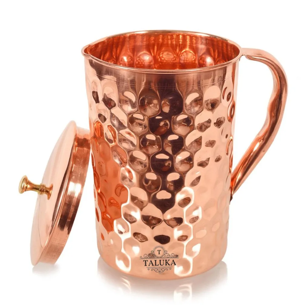 印度手工制作50盎司钻石设计锤打黄铜旋钮,带盖铜水罐