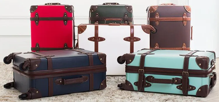 Luxury black pu leather vintage suitcase handmade trolley travel luggage bags