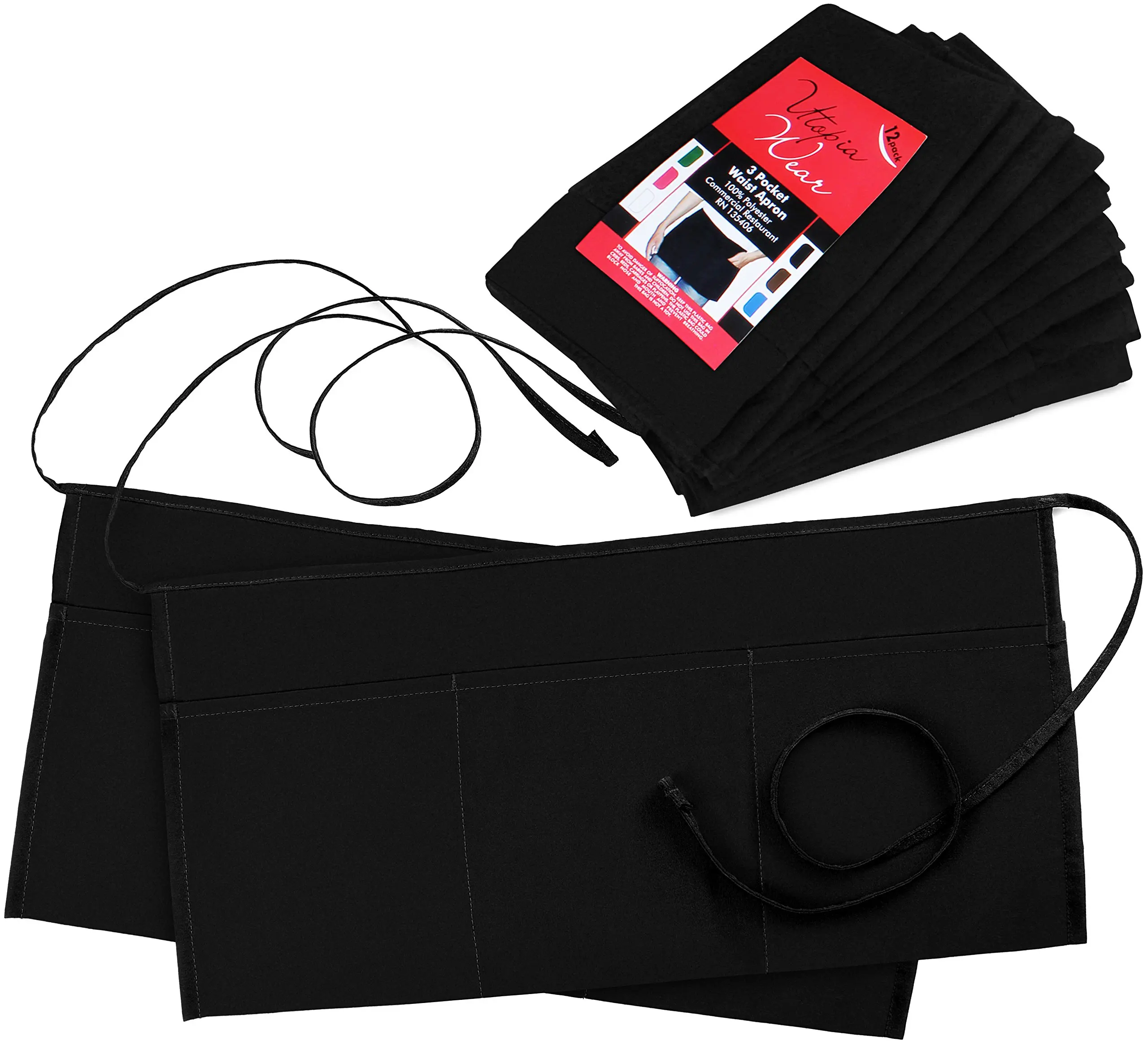Utopia Wear 3 Pockets Waist Apron (Set of 12, Black, 24 x 12 inches) - Restaurant Half Aprons, Bartender Apron, Money Apron, Check Holder