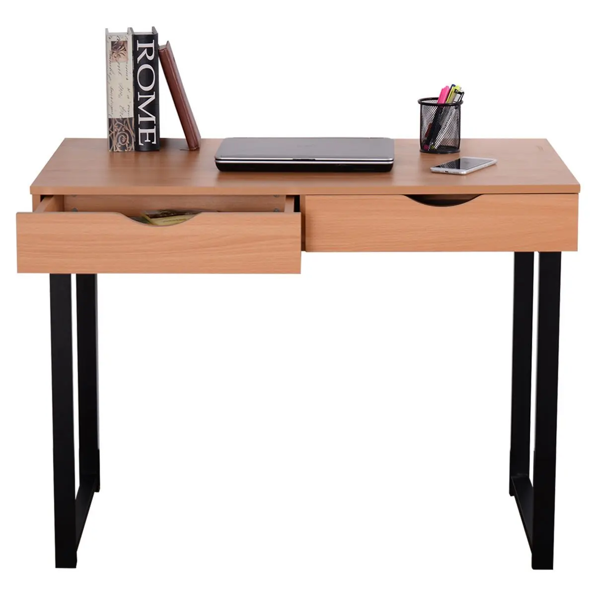New Wood 2 Drawers Workstation Table Steel Frame Home Office Modern Computer Desk