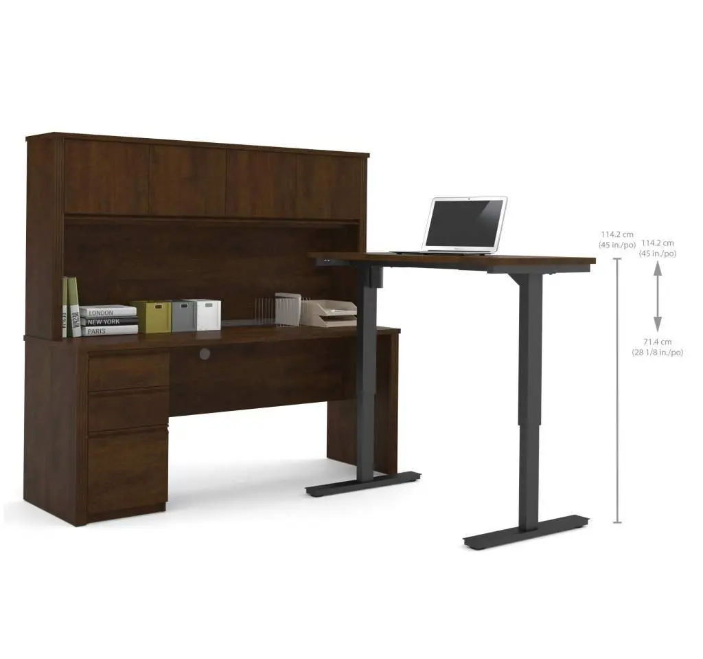 Bestar Sit Stand Desk Overall: 71.1" X 70.9" X 66.9" Credenza : 71.1" X 22.4" X 30.4" Height Adjustable Table : 47.6" X 24" X 28" - 45" - Chocolate