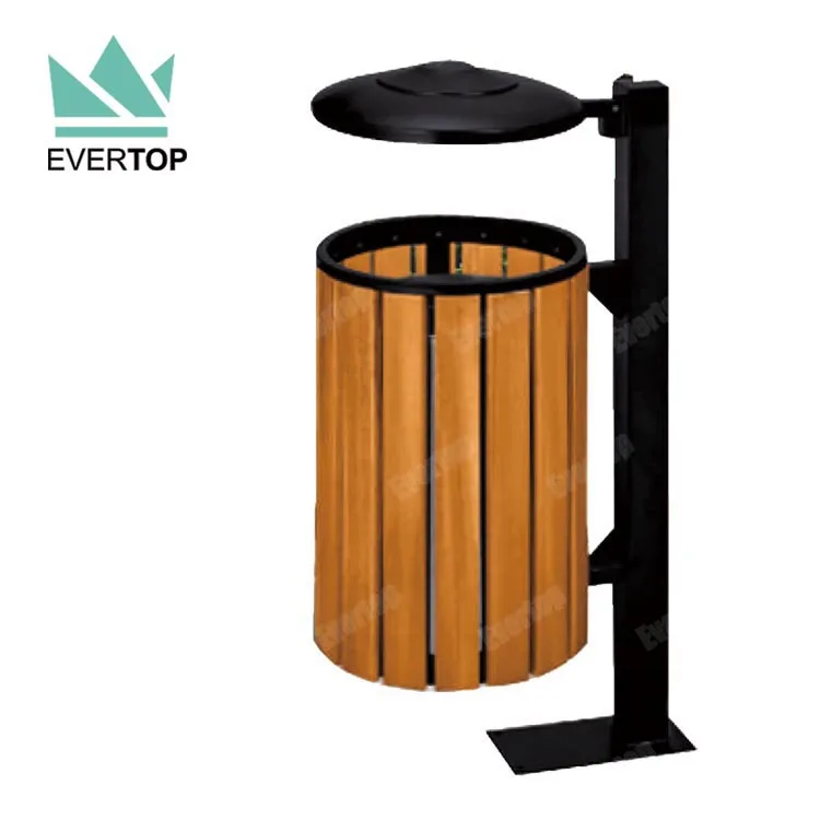 Da78h Modern Pole Standing Wood Outdoor Dustbin Waste Bin With Rain