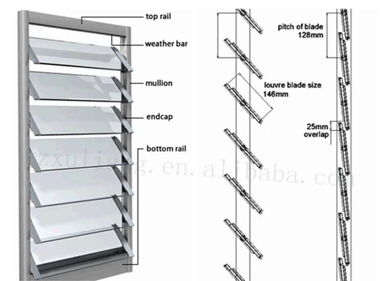 aluminum dajustable glass louver shutter window with security screen