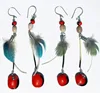 Feather Earrings Long Natural Colored Peacock and Red Huayruro Seed Beads Handmade Beaded Wholesale Jewelry
