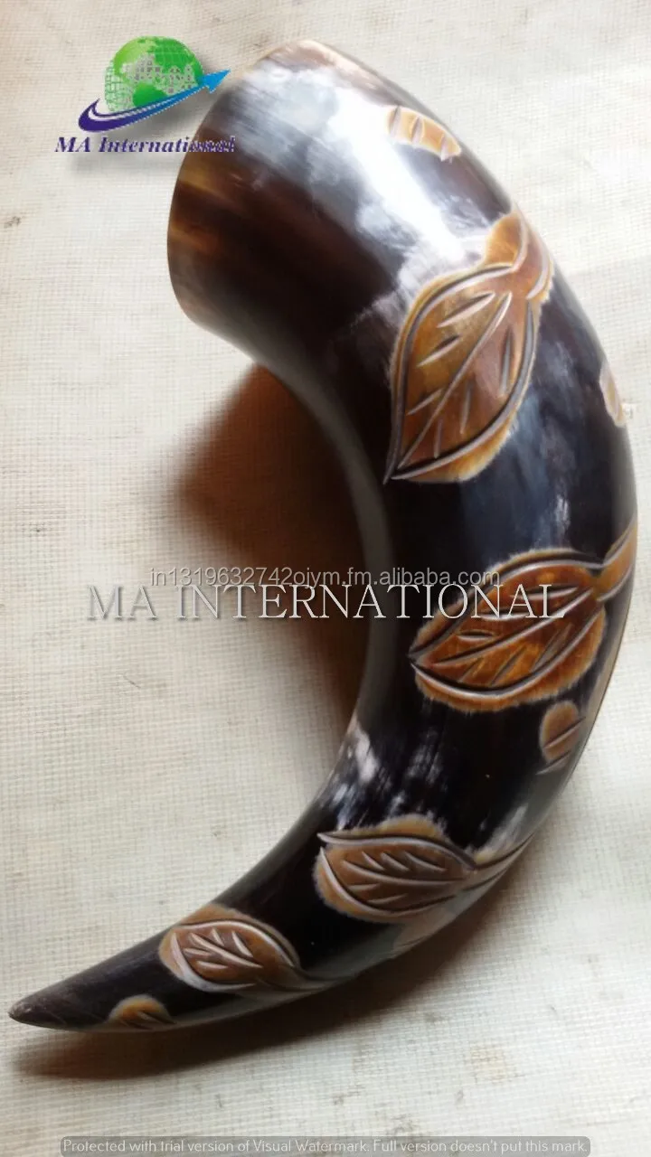 Indian Quality Natural Viking Drinking Horn With Horn Stand Carved