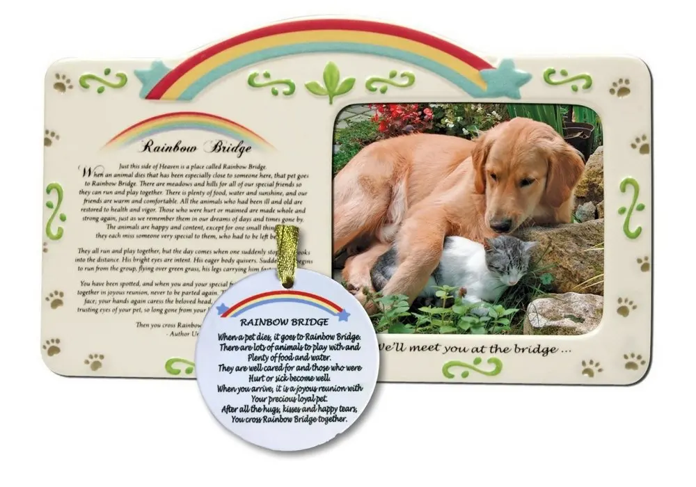BANBERRY DESIGNS Rainbow Bridge Frame and Christmas Ornament - Pet Memorial Picture Frame and Ornament Set with The Rainbow Bridge Poem - Pet Remembrance