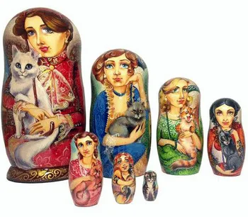 nesting dolls girls with cats pets animals wooden matryoshka