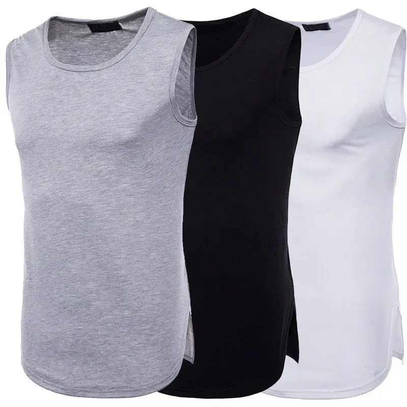 Men's Basic Long Length Curved Hem Tank Top Sleeveless Tshirts Vest