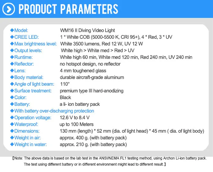 ARCHON WM16 II High Quality LED Diving Light 3500 Lumens Diving Video Light