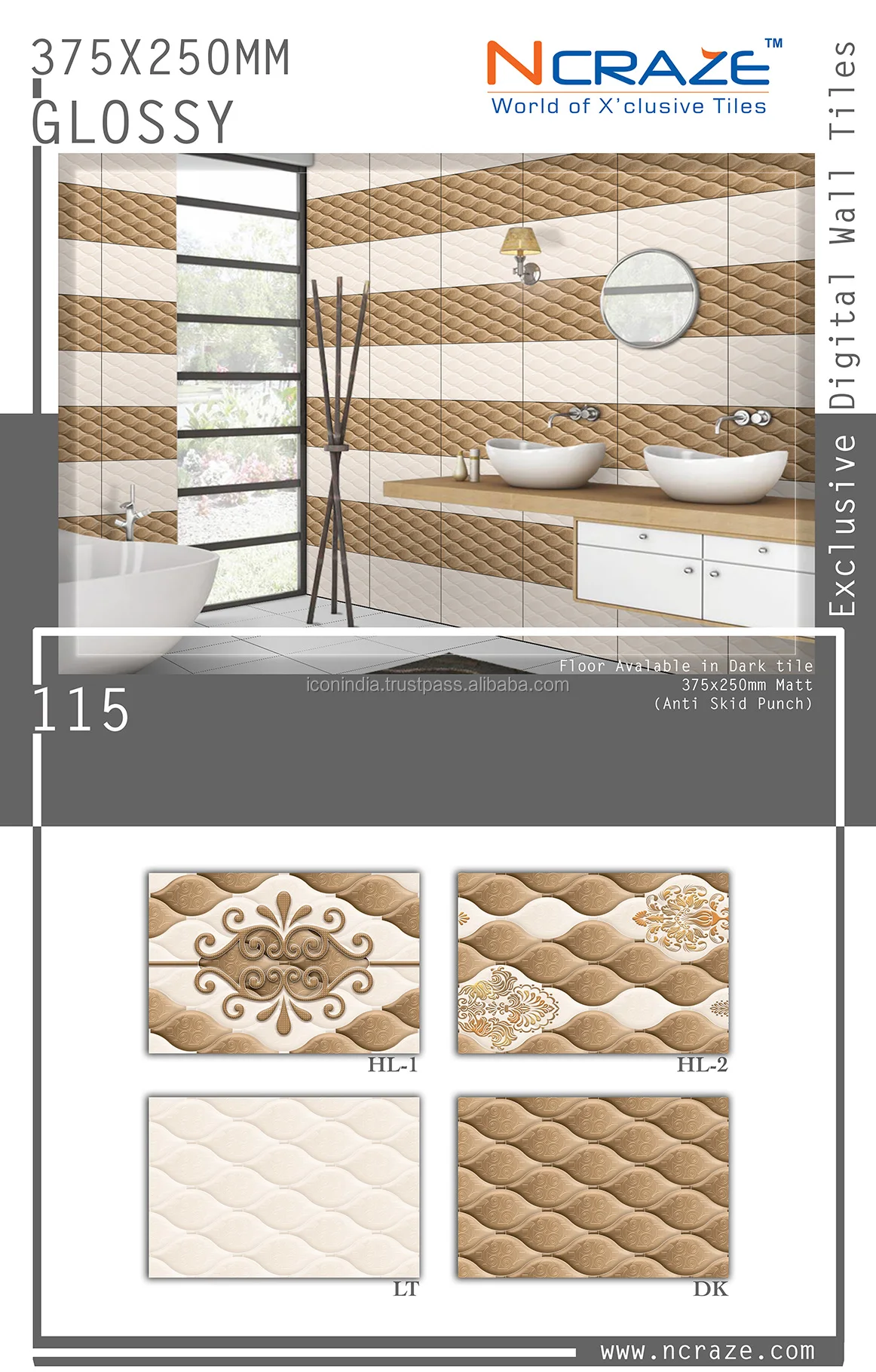 Wall Tiles Digital Ceramic With Glossy Finish 250x375mm Rustic Interior