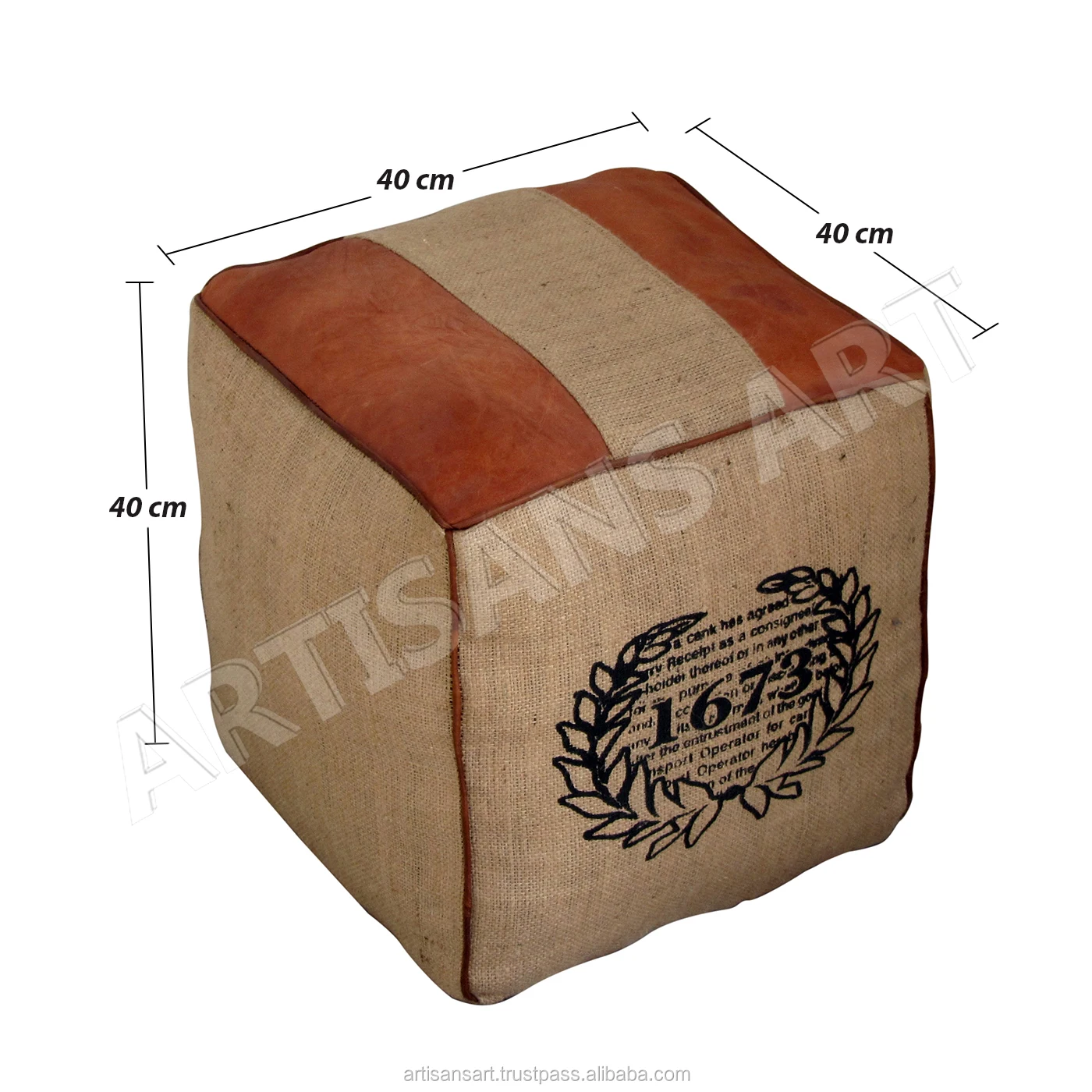 Vintage Industrial Jute Pouf With Leather Details,Cube Jute Pouf