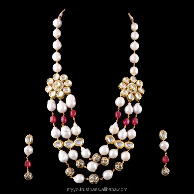 layer ruby color kundan stone enamel work beaded party wear