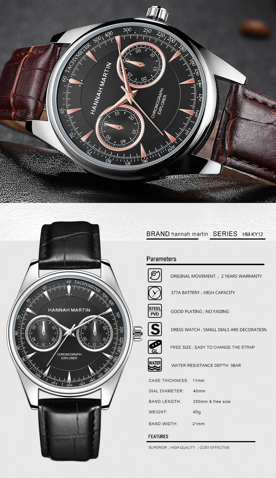 2019 Best Seller Jam Tangan Hannah Martin Hmky 12 Business Leather Strap Men Wrist Watches