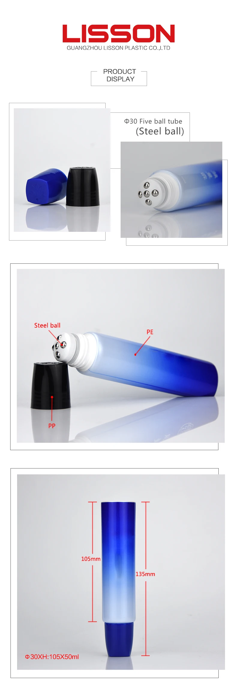 Factory price 50ml plastic cosmetic massage tube for eye cream essence with 3 triple roller ball applicator