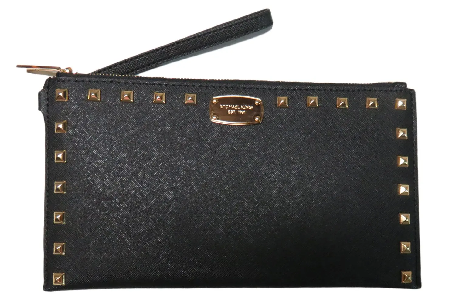 Micheal Kors Sandrine Stud Leather Large Zip Clutch Wristlet Black