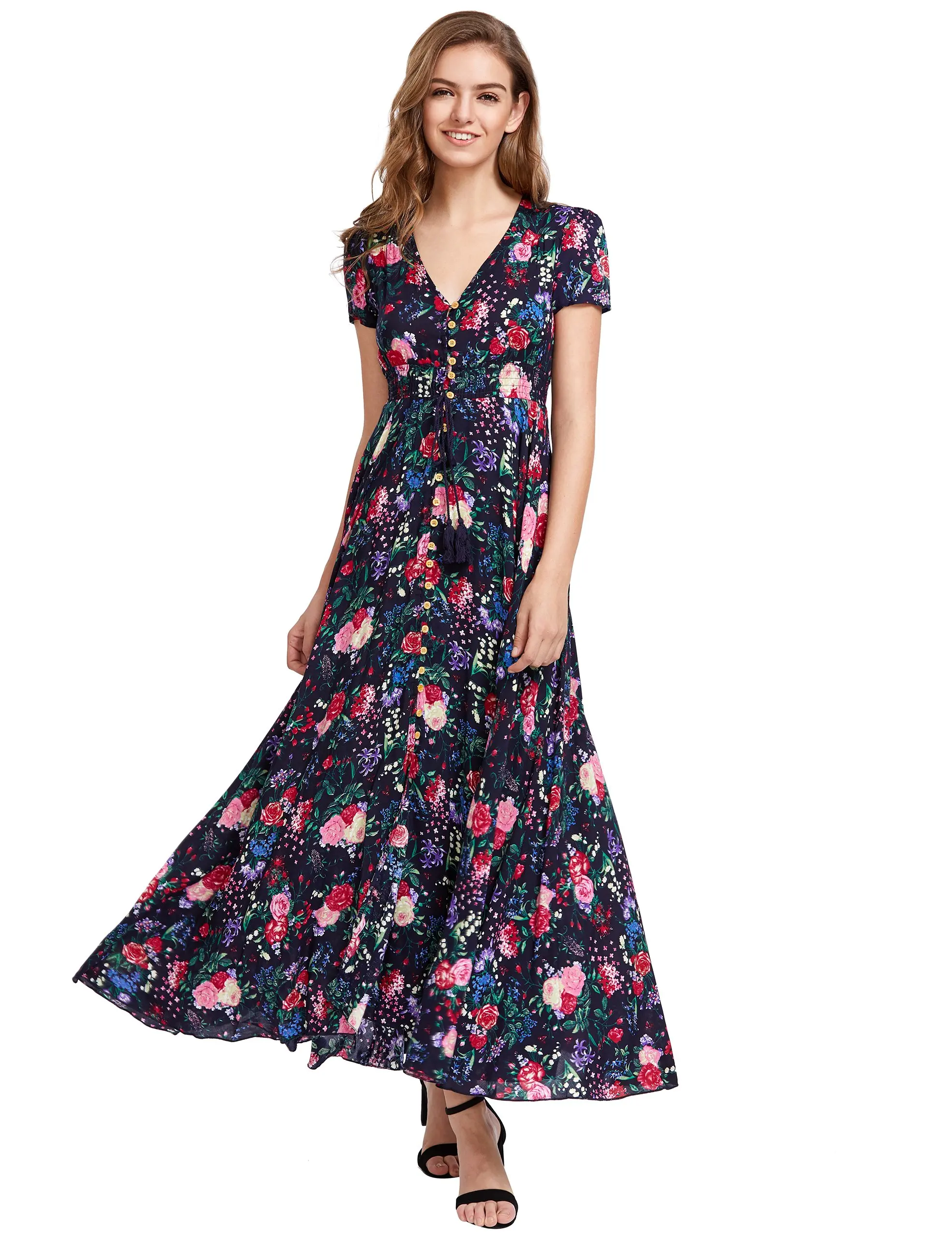 women's button up split floral print flowy party maxi dress