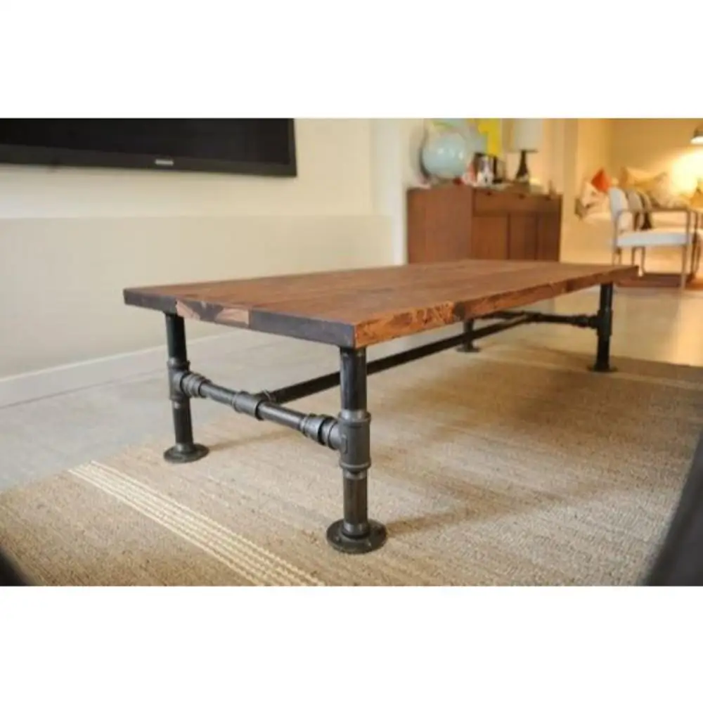 Industrial Pine Plank Wood With Pipe Legs Iron Wooden Coffee Table