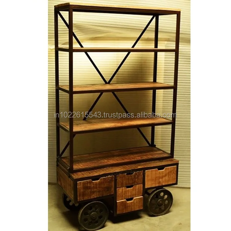 Industrial Bookshelf With Wheels Reclaimed Wood Bookshelf With