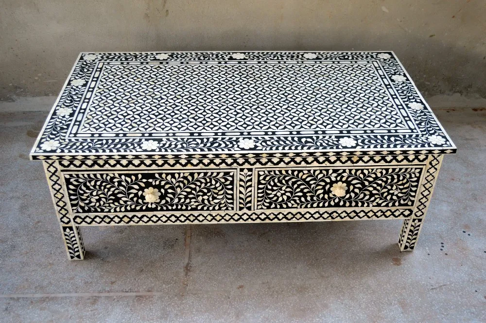 Black Color Two Drawers Bed Side Bone Inlay Coffee Table