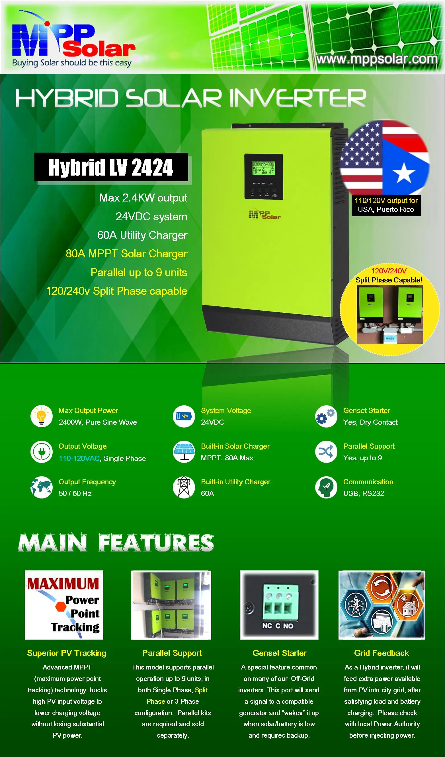 Hybrid LV2424 2.4kw 24v mpp solar hybrid inverter 110vac 80A mppt charger