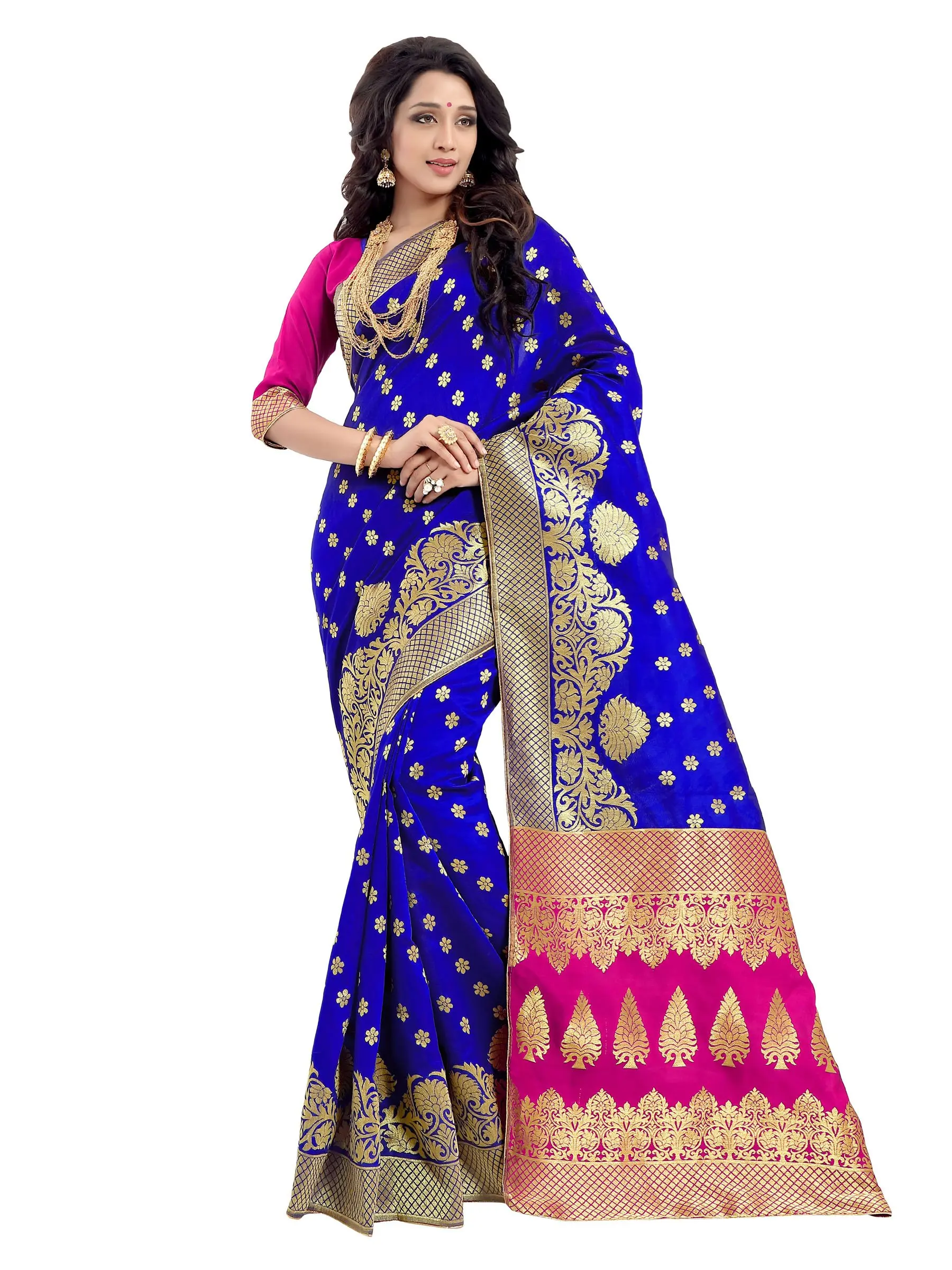Rajnandini Women's Banarasi Silk Weaving Work Saree(JOPLLB1001A_Blue_Free Size)