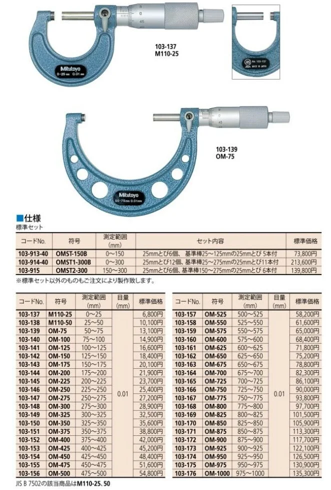 Mitutoyo 103 137 Micromètre mécanique extérieur 103-137 0 Modèle d’atelier à cliquet 25 x 0,01 mm 