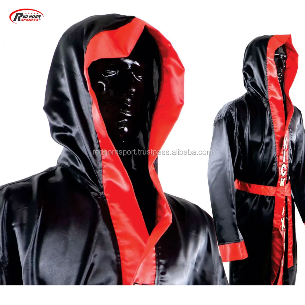 Custom Made Satin Embroidered Boxing Robe With Hood Buy Silk Boxing Robes,Black Boxing Robe