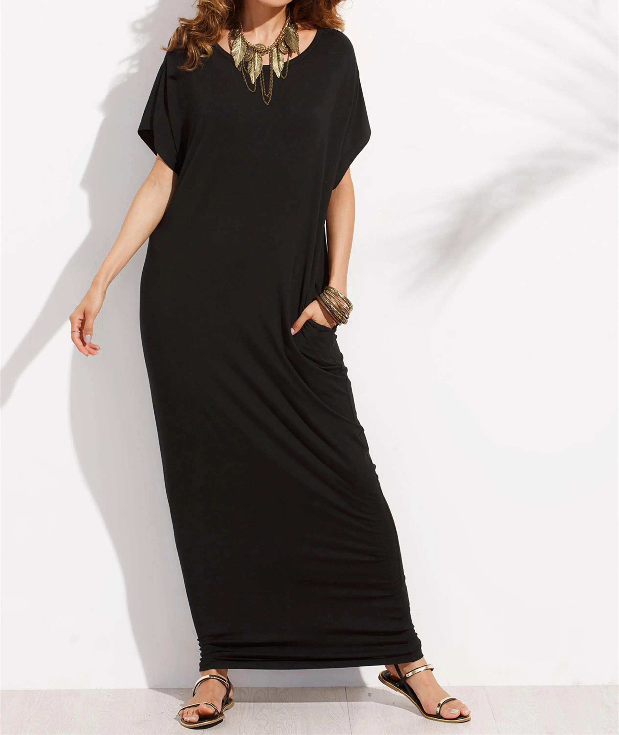 Summer Casual T Shirt Dress Black Split Maxi Dress Women V Neck Loose ...