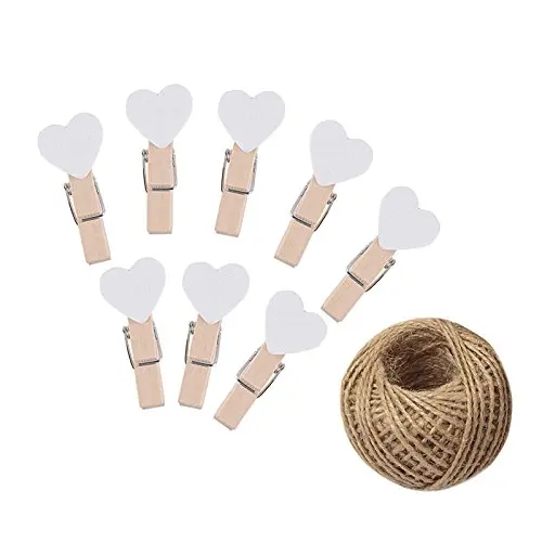 100 Pcs Heart Shape Clothespins White Mini Wooden Clothespins,Wooden Craft Photo Paper Pegs Craft Photo Clips with 30M Jute Twine