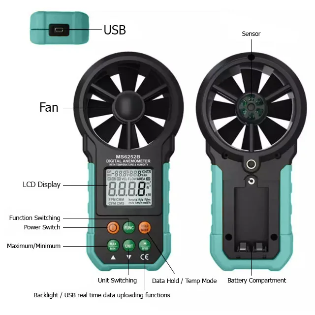 Mastech Ms6252b Digital Anemometer Handheld Lcd Electronic Wind Speed ...