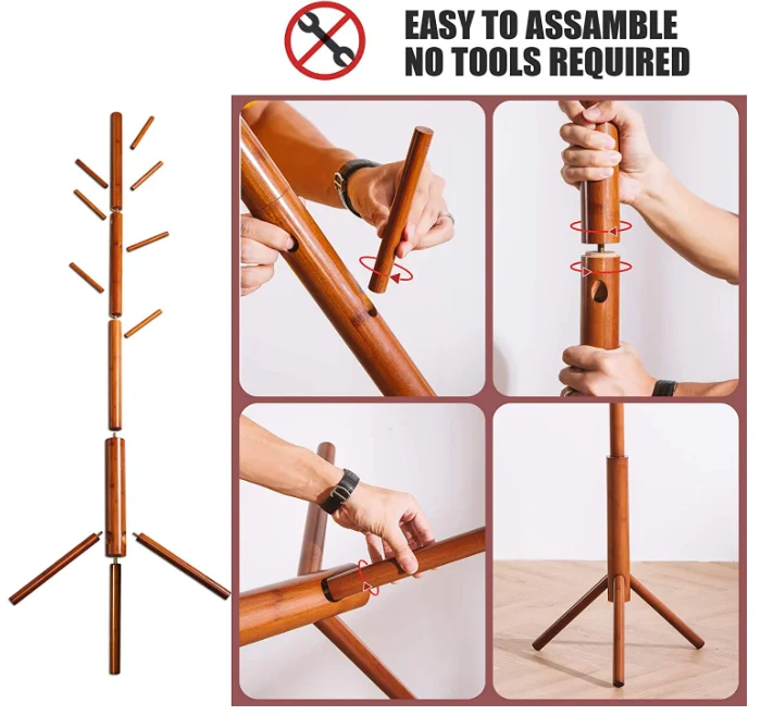 Bamboo Wood 3 Adjustable Sizes Coat Rack Tree With 8 Hooks Free