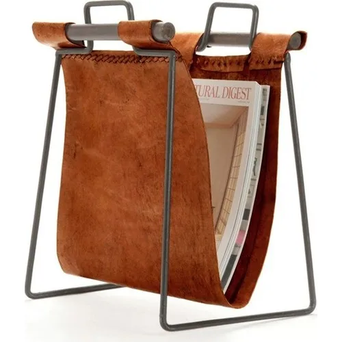 Metal And Leather Magazine Rack With Both Sided Handles For Tableware