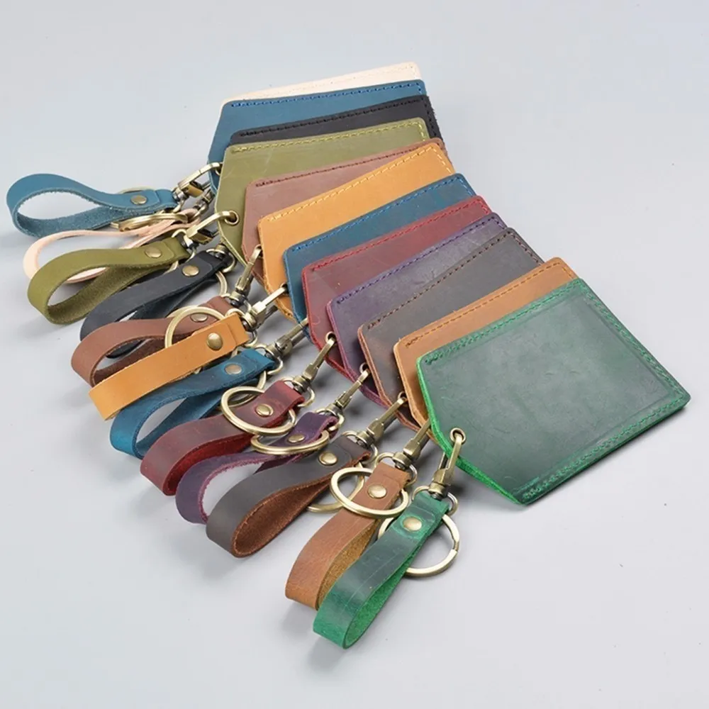 Handmade Genuine Leather Mini Bus Card Holder Key Chain Access Card Holder Students Campus Card