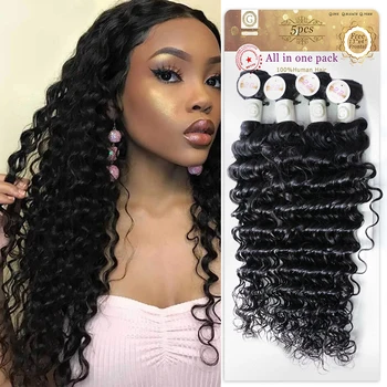 Deep Wave 100 % Human Hair Packet Hair 4 Bundles With One Frontal Pure ...