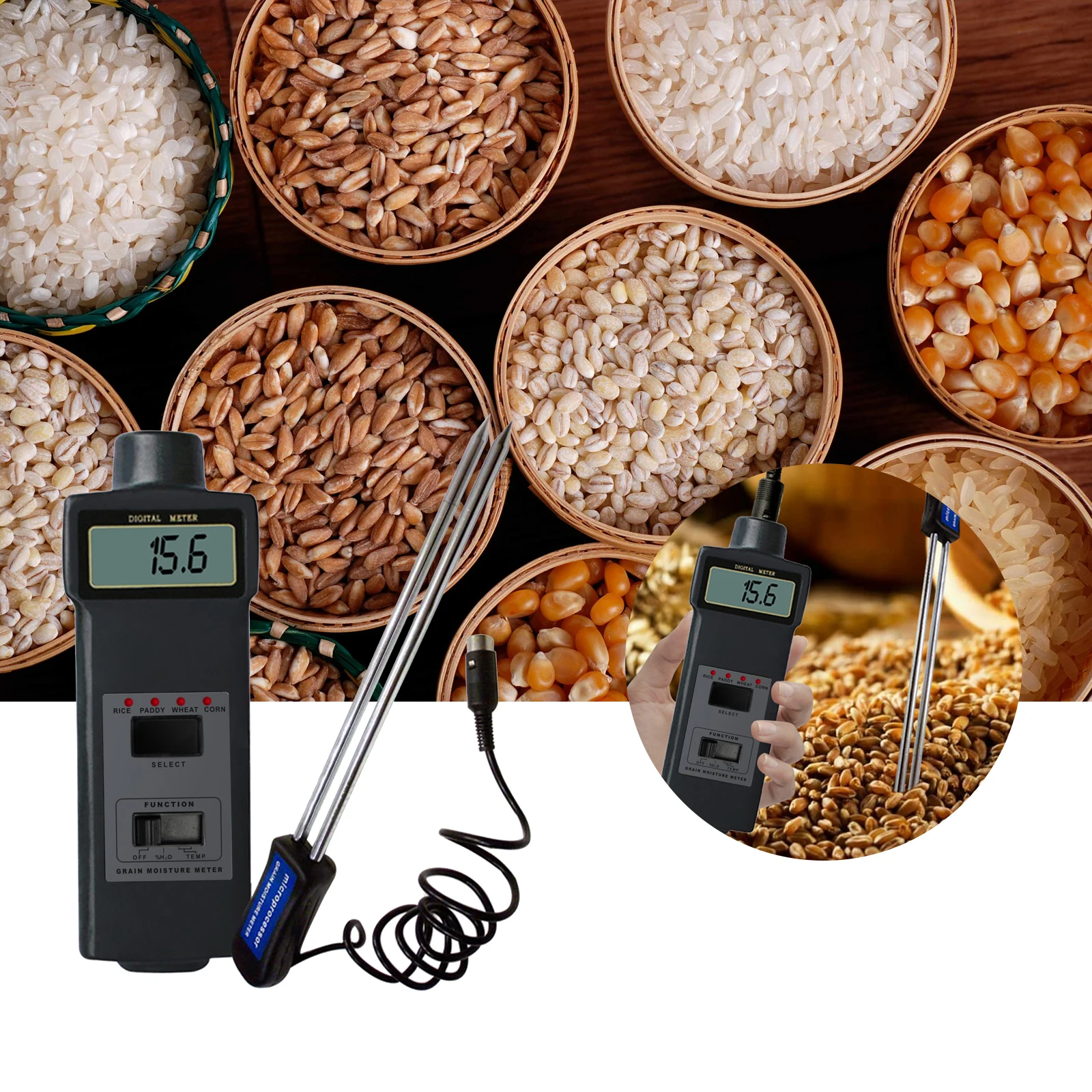 Handheld Digital Grain Moisture Meter 8-20% Tester Rice Corn Wheat ...